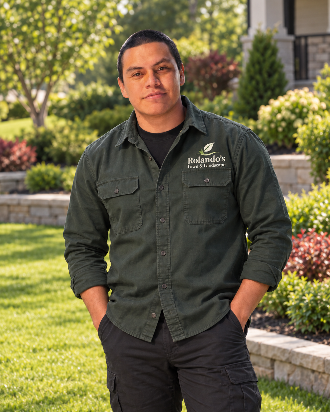 Rolando standing in a landscaped yard